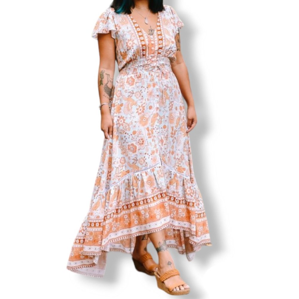 Honey Bunch blue orange + tan floral print high-low boho maxi dress fits AU 8-14 - Picture 11 of 15
